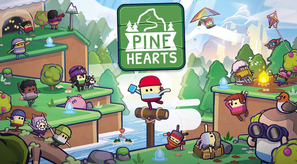 Key art for Pine Hearts, with the logo and main character Tyke in the middle, surrounded by characters from the game engaging in various outdoor activities